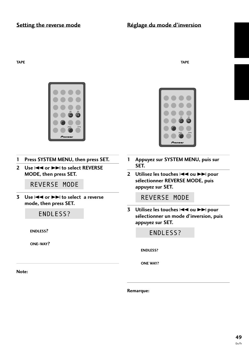 Réglage du mode d’inversion, English français, Setting the reverse mode | Pioneer CT-F10 User Manual | Page 49 / 146