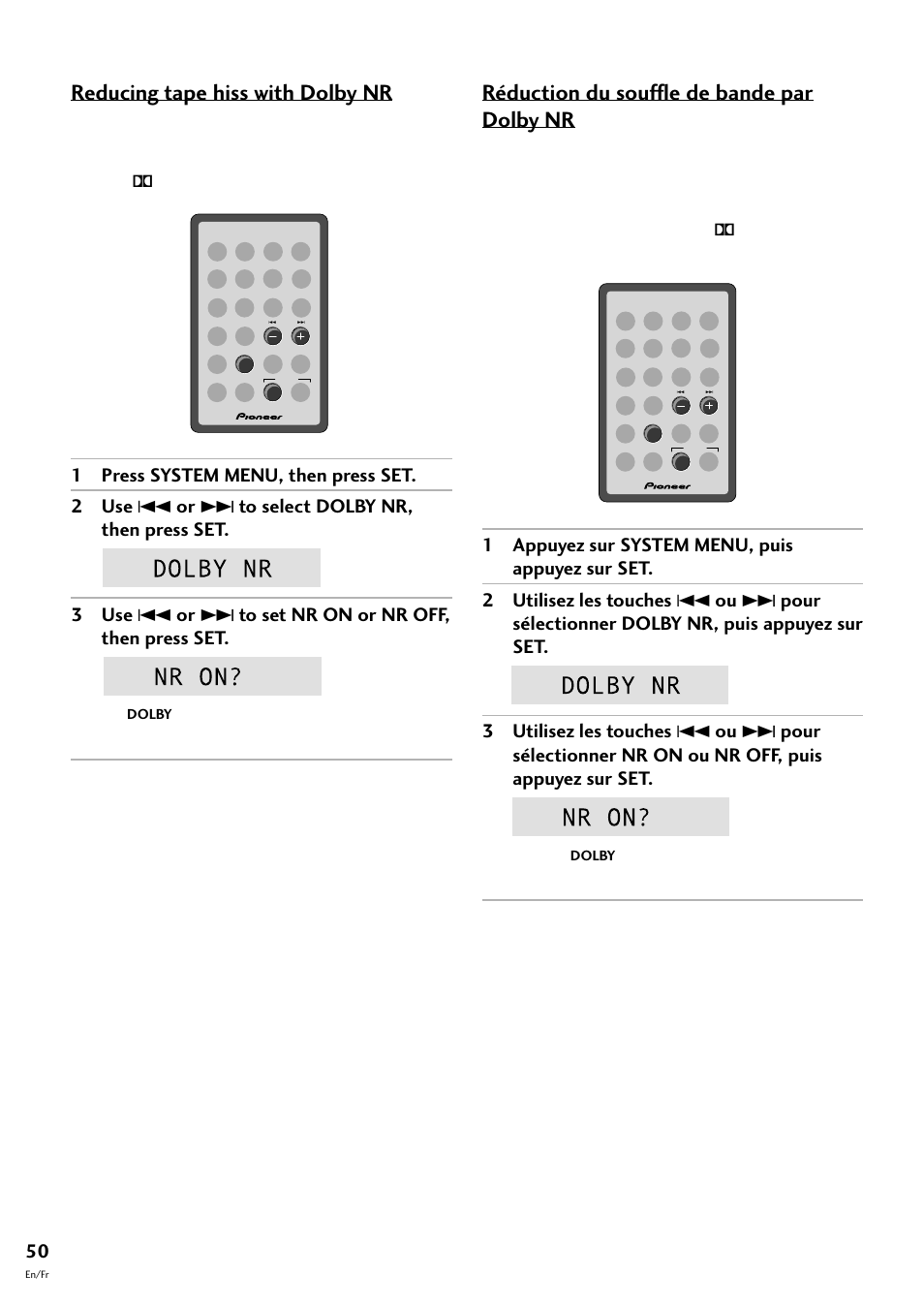 Réduction du souffle de bande par dolby nr, Reducing tape hiss with dolby nr | Pioneer CT-F10 User Manual | Page 50 / 146