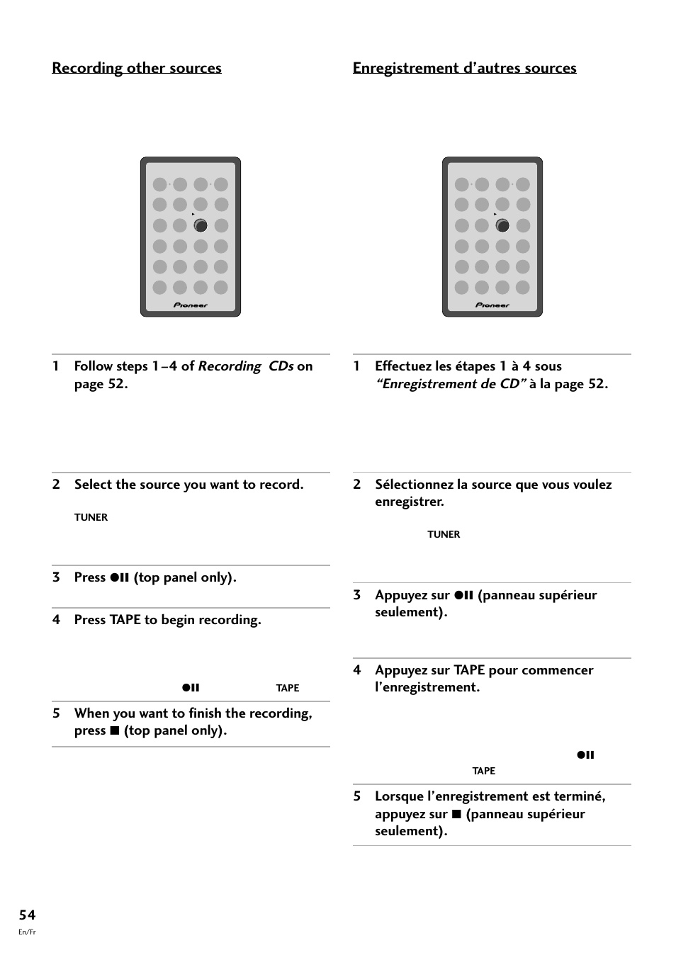 Enregistrement d’autres sources, Recording other sources | Pioneer CT-F10 User Manual | Page 54 / 146