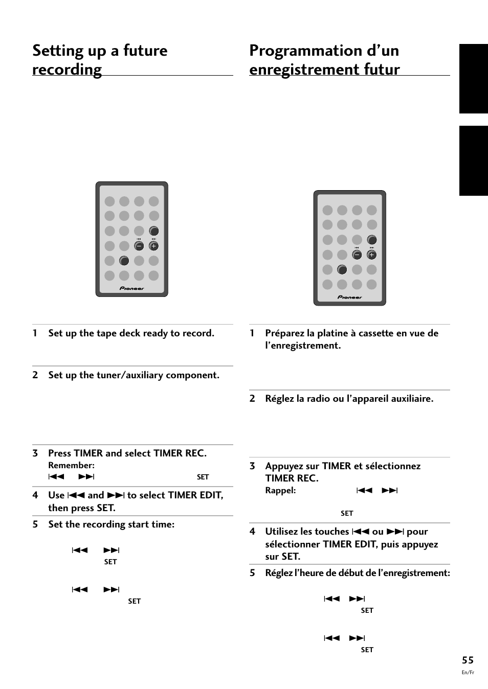 Programmation d’un enregistrement futur, Setting up a future recording, English fran çais | Pioneer CT-F10 User Manual | Page 55 / 146