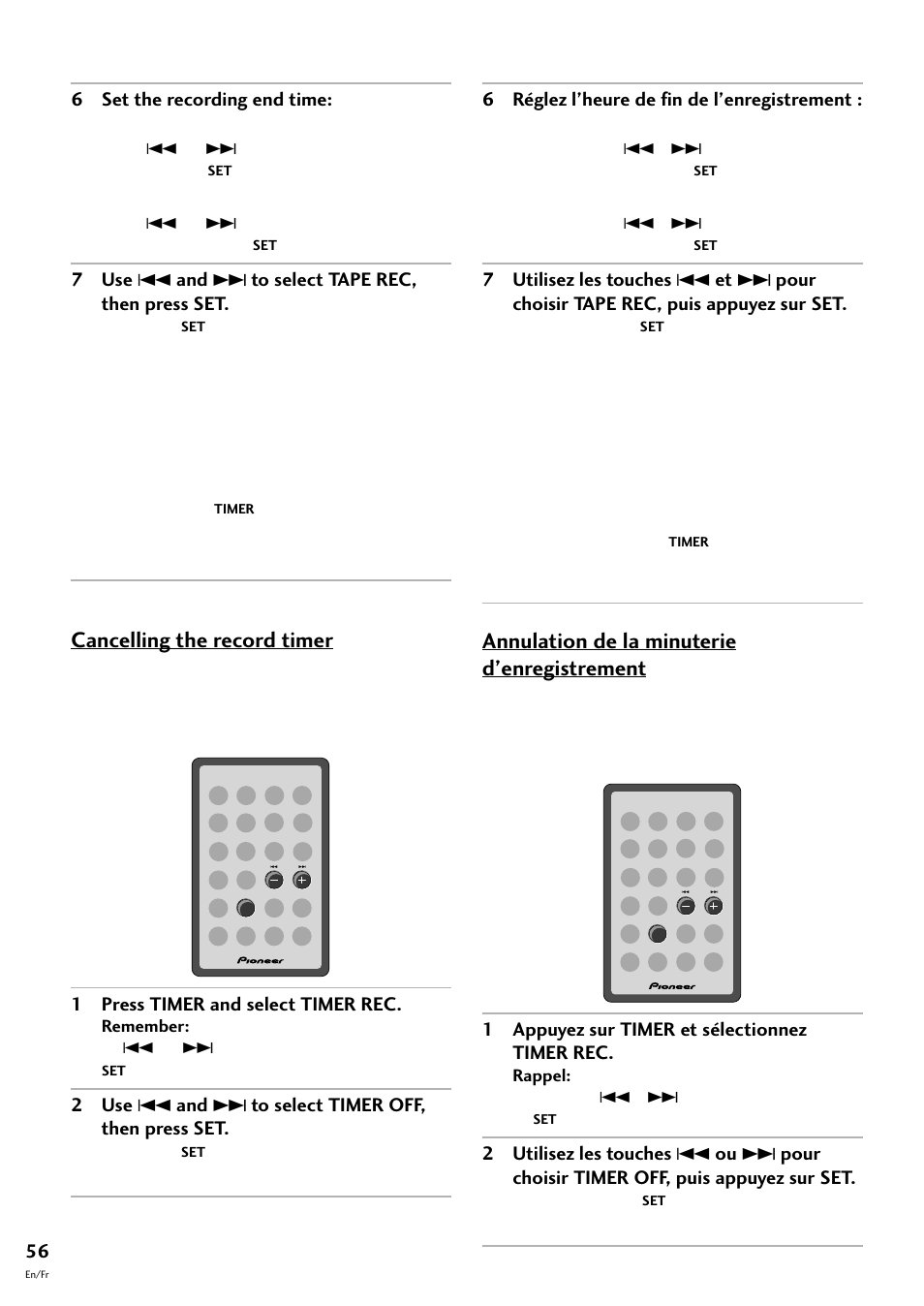 Annulation de la minuterie d’enregistrement, Cancelling the record timer | Pioneer CT-F10 User Manual | Page 56 / 146