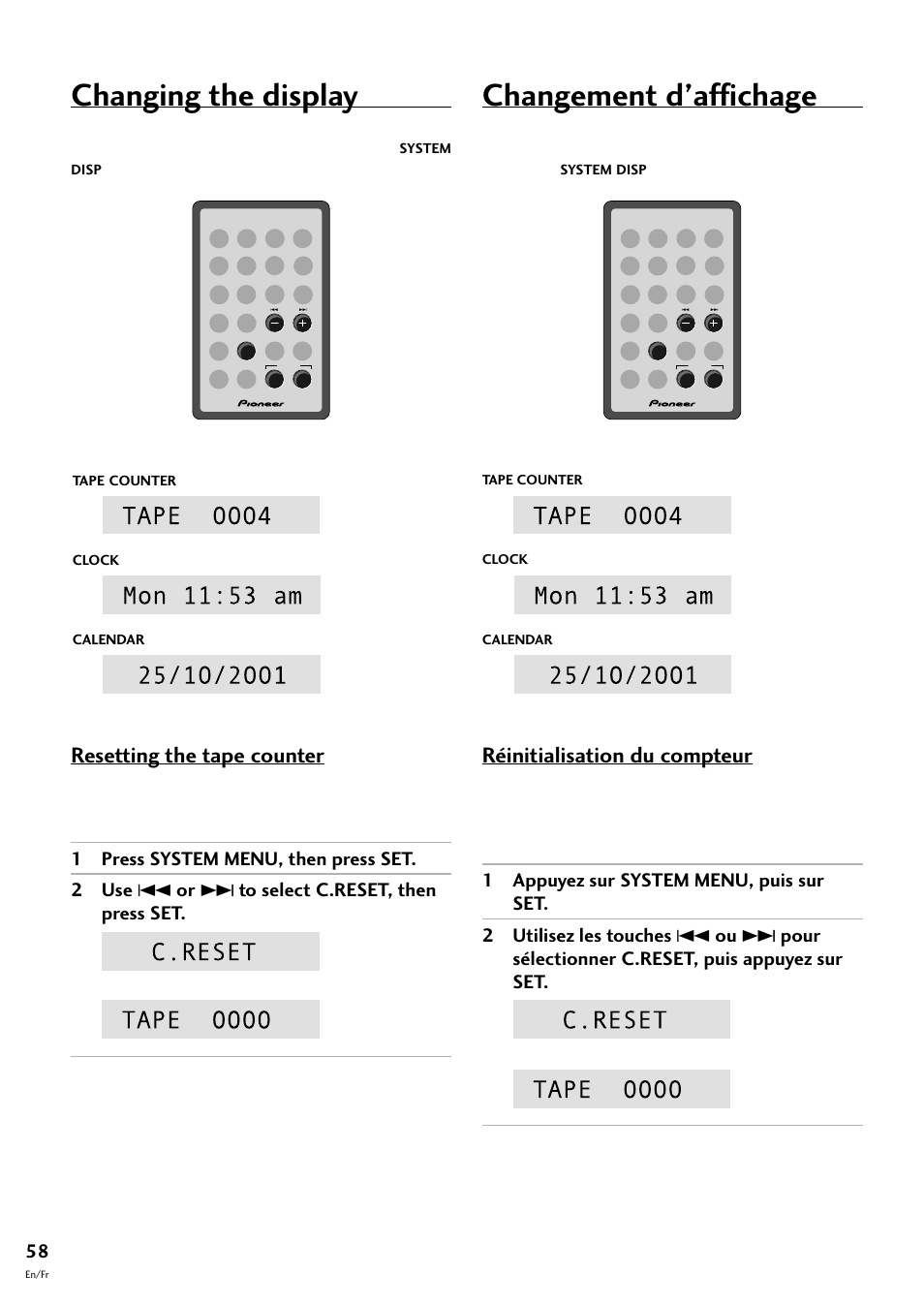 Changement d’affichage, Changing the display, Resetting the tape counter | Réinitialisation du compteur | Pioneer CT-F10 User Manual | Page 58 / 146