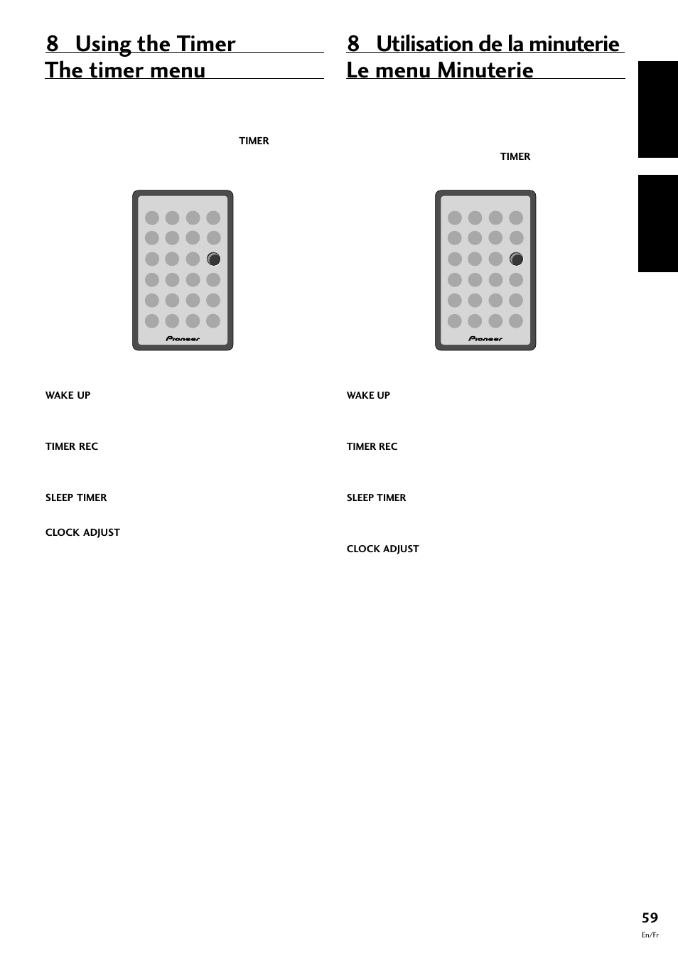 Le menu minuterie, The timer menu, 8 using the timer | 8 utilisation de la minuterie, English fran çais | Pioneer CT-F10 User Manual | Page 59 / 146