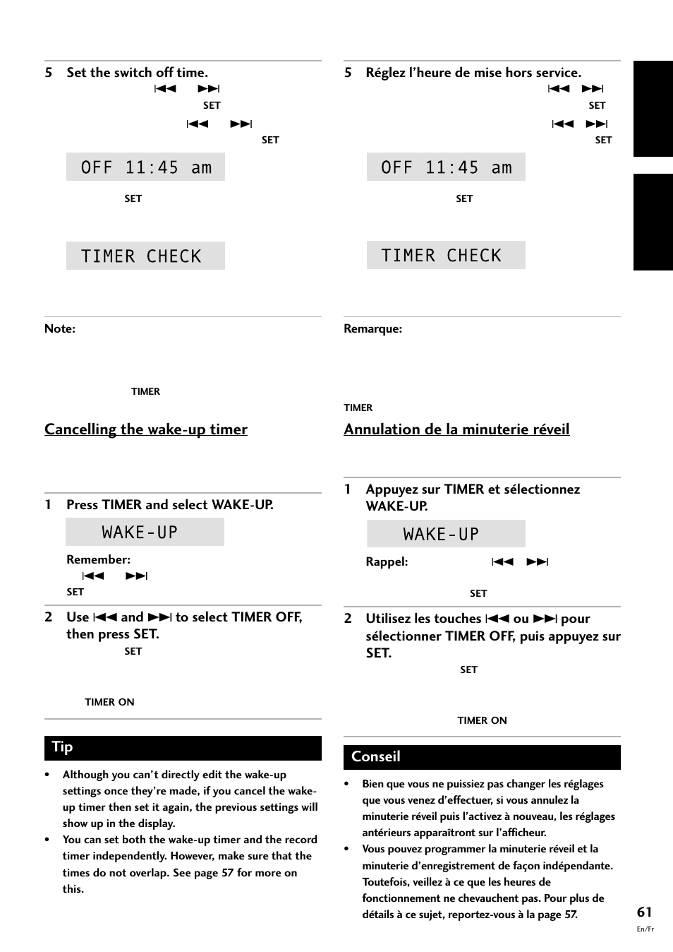 Annulation de la minuterie réveil, English fran çais, Cancelling the wake-up timer | Conseil | Pioneer CT-F10 User Manual | Page 61 / 146