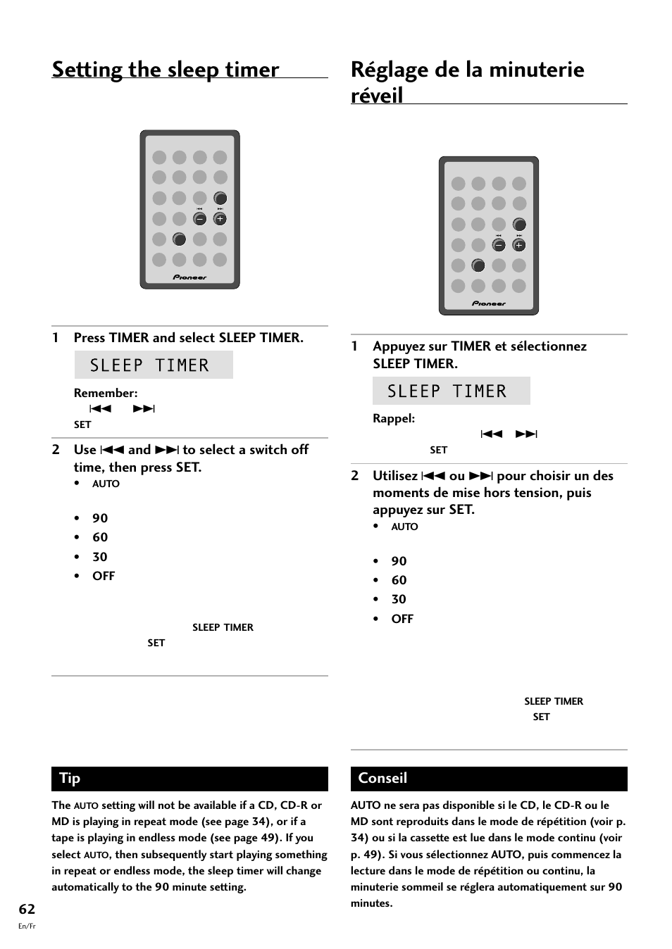 Setting the sleep timer, Réglage de la minuterie réveil, Conseil | Pioneer CT-F10 User Manual | Page 62 / 146