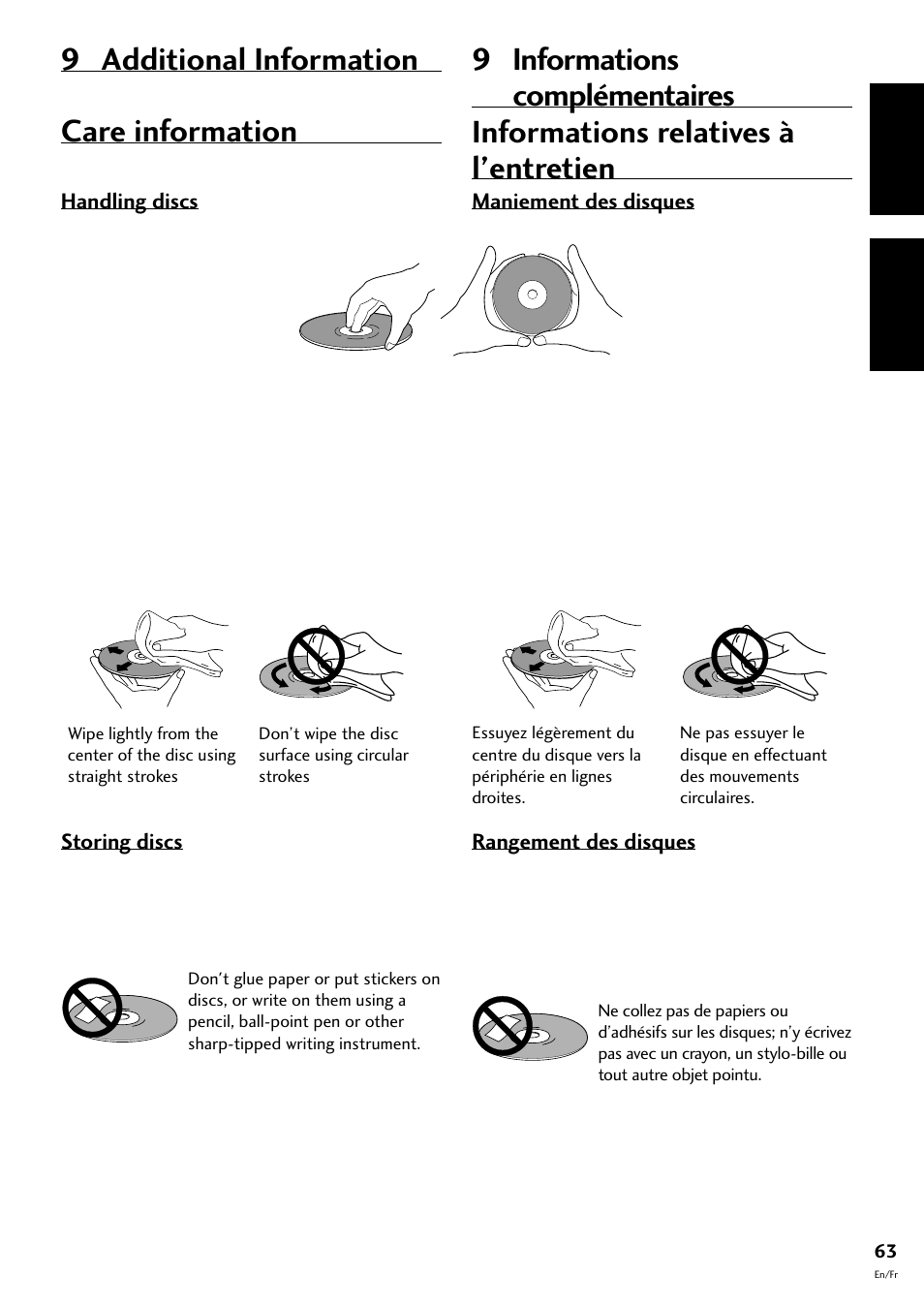 Informations relatives à l’entretien, Maniement des disques rangement des disques, 9 additional information | Care information, English fran çais | Pioneer CT-F10 User Manual | Page 63 / 146