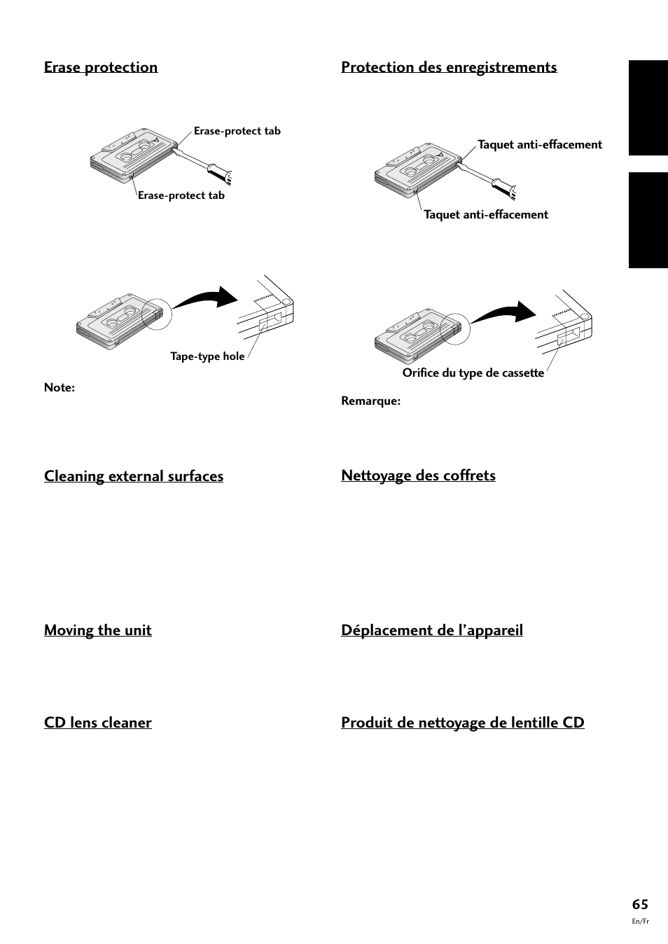 English français, Erase protection, Protection des enregistrements | Nettoyage des coffrets, Déplacement de l’appareil, Produit de nettoyage de lentille cd, Cleaning external surfaces, Moving the unit, Cd lens cleaner | Pioneer CT-F10 User Manual | Page 65 / 146
