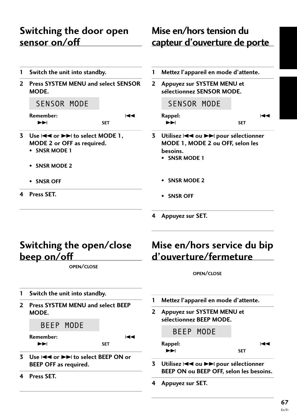Switching the door open sensor on/off, Switching the open/close beep on/off, Mise en/hors service du bip d’ouverture/fermeture | English fran çais | Pioneer CT-F10 User Manual | Page 67 / 146