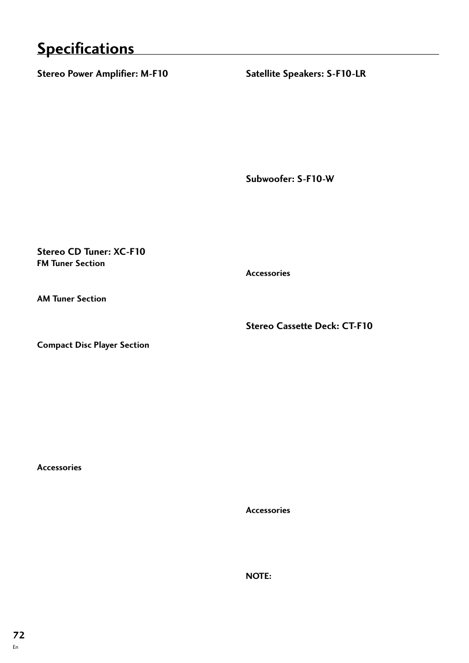 Specifications | Pioneer CT-F10 User Manual | Page 72 / 146