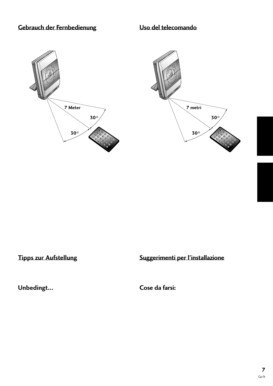 Gebrauch der fernbedienung tipps zur aufstellung, Deutsch italiano, Gebrauch der fernbedienung | Tipps zur aufstellung, Unbedingt, Uso del telecomando, Suggerimenti per l’installazione, Cose da farsi | Pioneer CT-F10 User Manual | Page 79 / 146