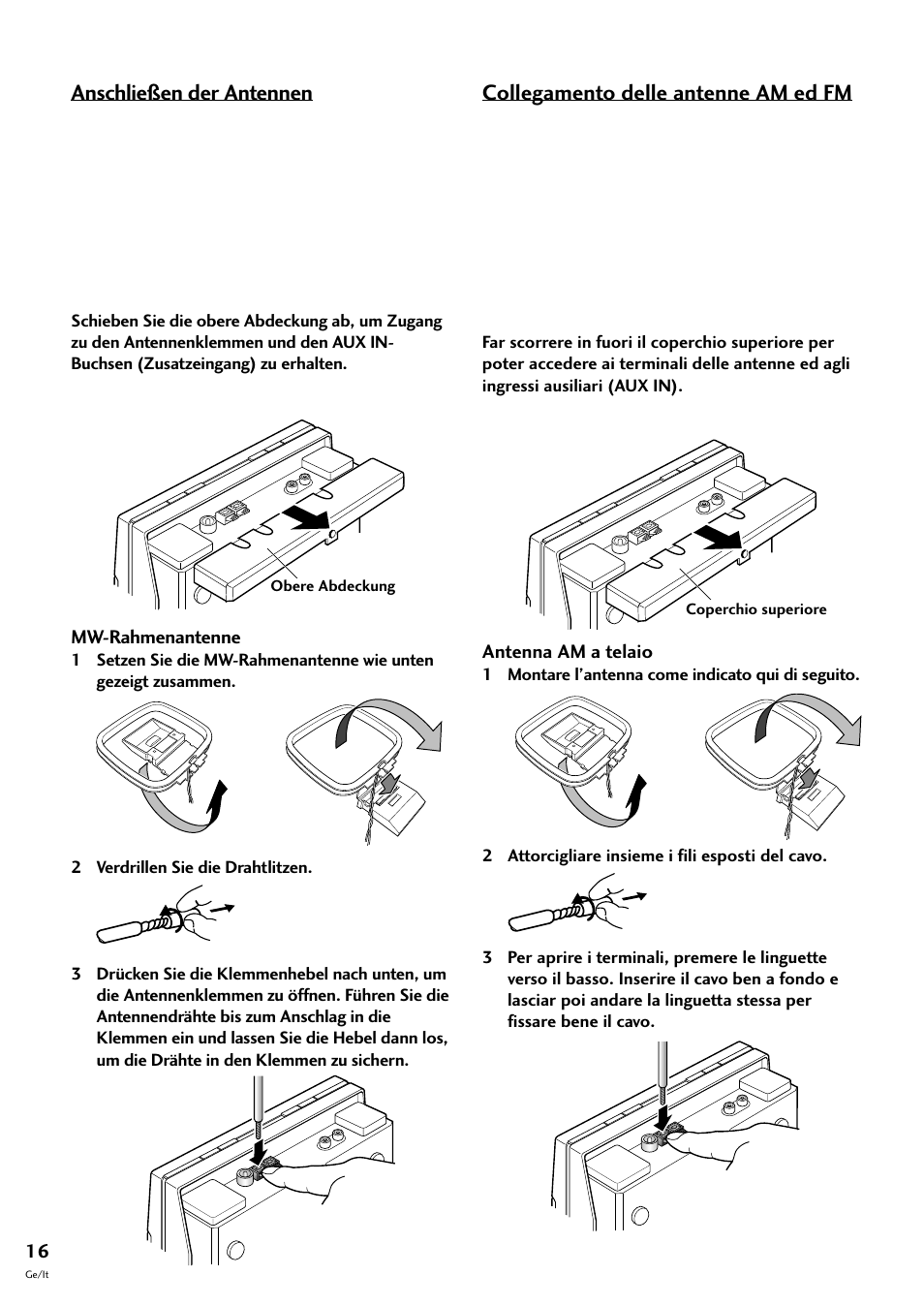 Anschließen der antennen, Mw-rahmenantenne, Collegamento delle antenne am ed fm | Antenna am a telaio, 2 installing and connecting up | Pioneer CT-F10 User Manual | Page 88 / 146