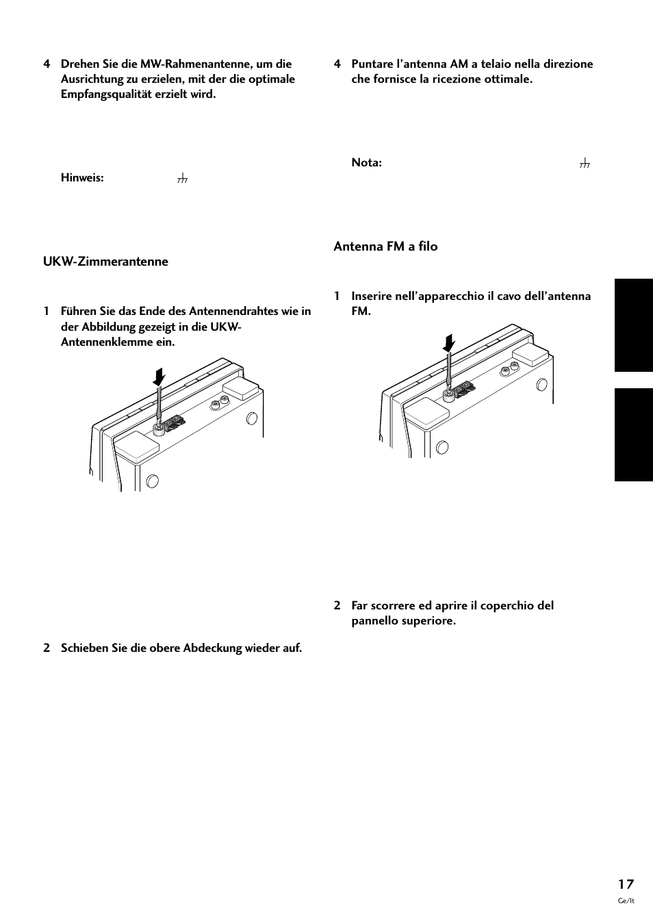 Ukw-zimmerantenne, Antenna fm a filo, Deutsch italiano | Pioneer CT-F10 User Manual | Page 89 / 146