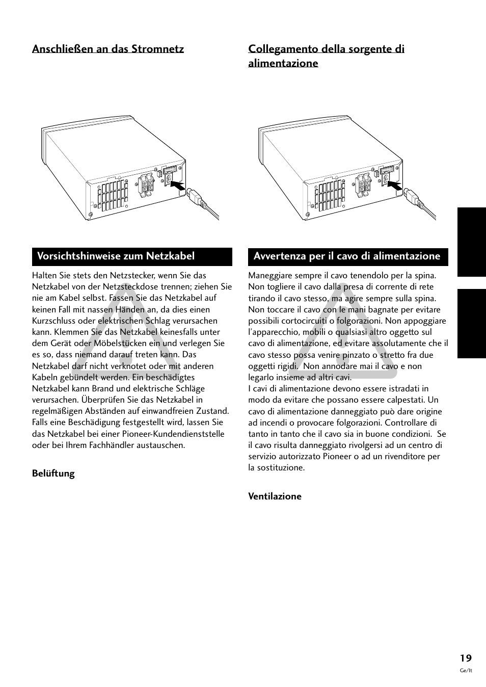 Anschließen an das stromnetz, Vorsichtshinweise zum netzkabel, Collegamento della sorgente di alimentazione | Avvertenza per il cavo di alimentazione, Deutsch italiano | Pioneer CT-F10 User Manual | Page 91 / 146