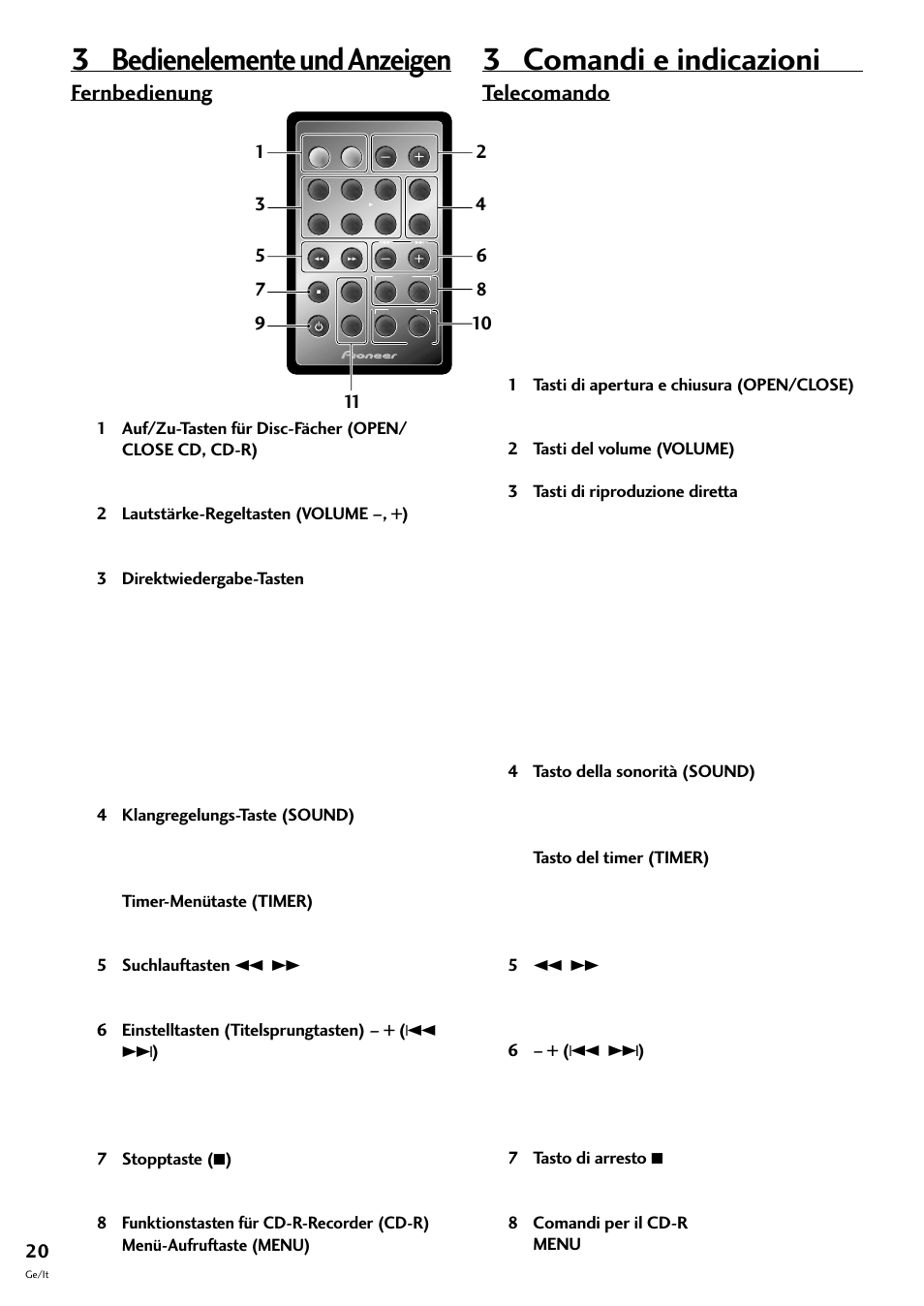 Fernbedienung, Telecomando, 3 bedienelemente und anzeigen | 3 comandi e indicazioni | Pioneer CT-F10 User Manual | Page 92 / 146