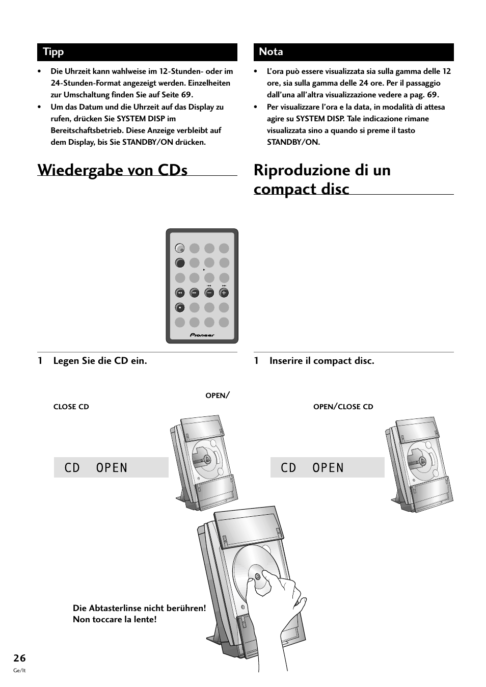 Wiedergabe von cds, Riproduzione di un compact disc, Tipp | Nota, 1 legen sie die cd ein, 1 inserire il compact disc | Pioneer CT-F10 User Manual | Page 98 / 146