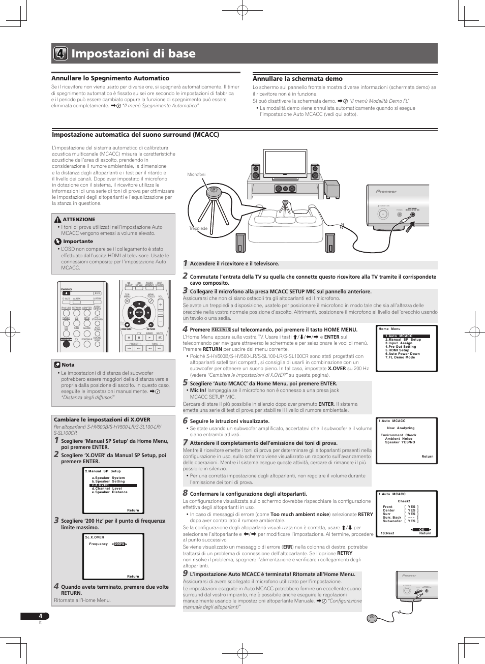 Impostazioni di base, Portable / mcacc setup mic phones standby / on, Impostazione automatica del suono surround (mcacc) | Annullare lo spegnimento automatico, Annullare la schermata demo | Pioneer VSX-S300 User Manual | Page 16 / 32