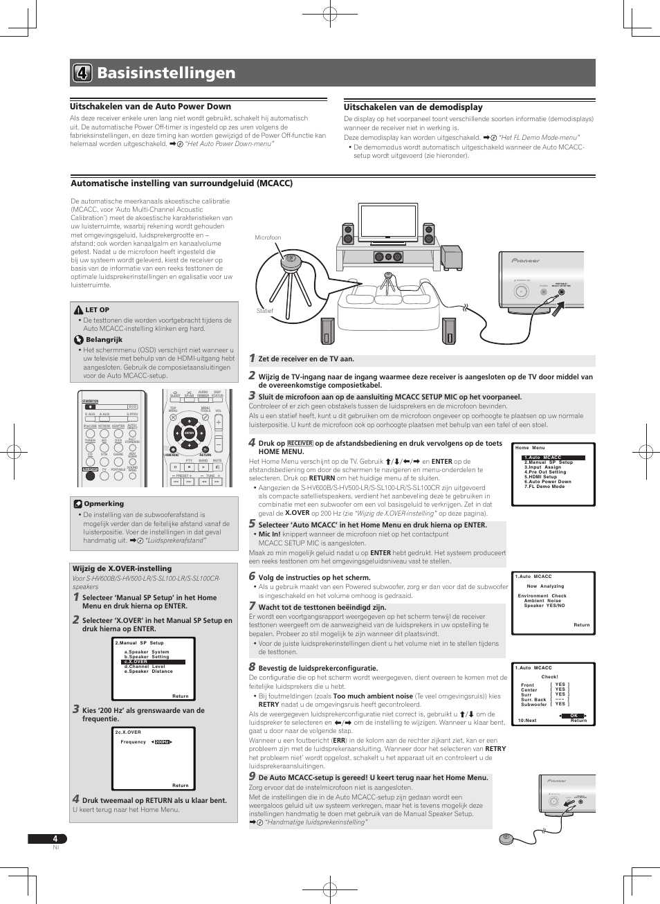 Basisinstellingen, Portable / mcacc setup mic phones standby / on, Automatische instelling van surroundgeluid (mcacc) | Uitschakelen van de auto power down, Uitschakelen van de demodisplay | Pioneer VSX-S300 User Manual | Page 20 / 32