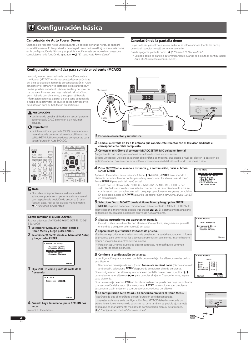 Confi guración básica, Portable / mcacc setup mic phones standby / on, Cancelación de auto power down | Cancelación de la pantalla demo | Pioneer VSX-S300 User Manual | Page 24 / 32