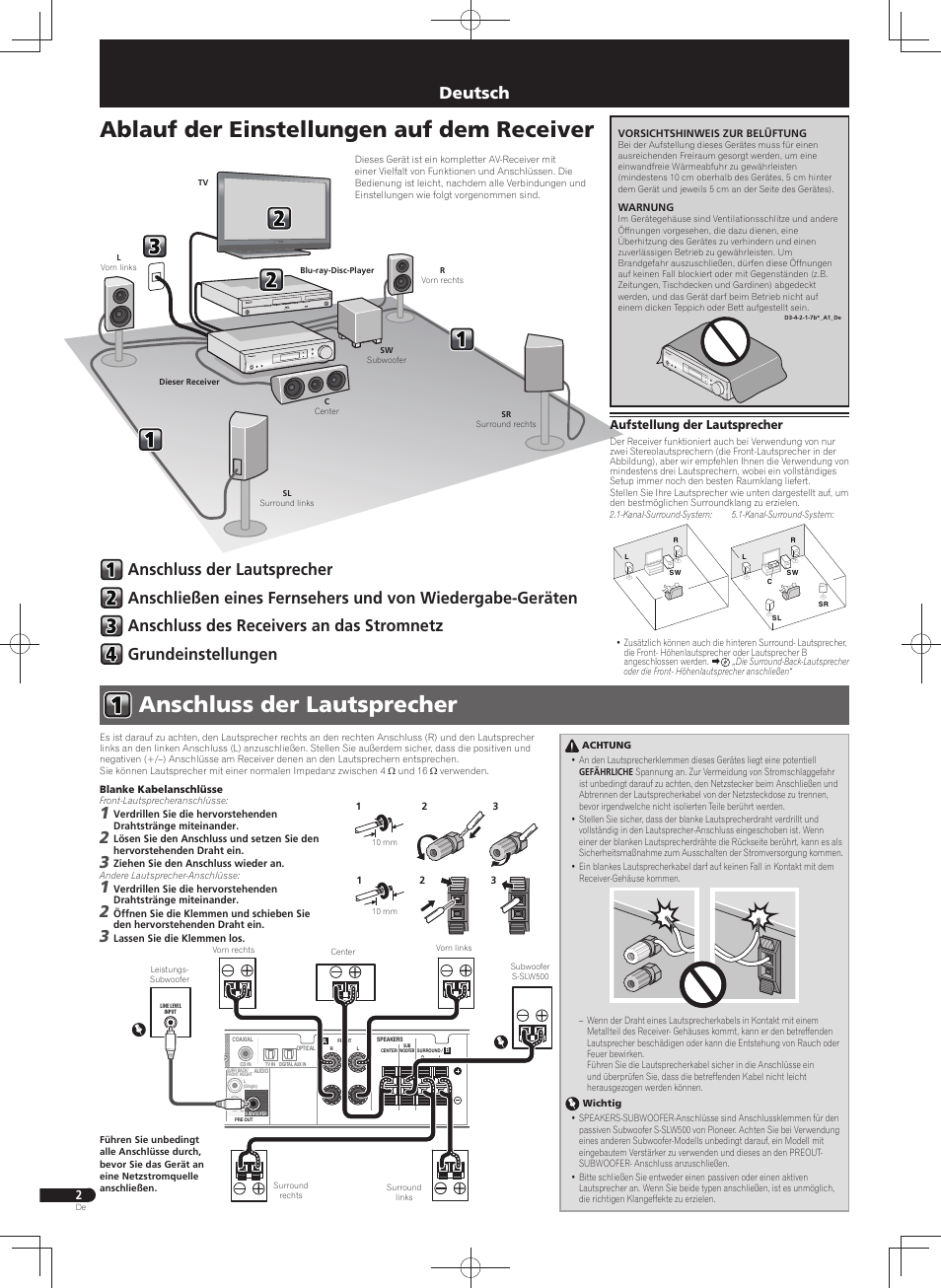 Kurzanleitung, Audio-/video- mehrkanal-receiver, Anschluss der lautsprecher | Ablauf der einstellungen auf dem receiver, Deutsch | Pioneer VSX-S300 User Manual | Page 26 / 32