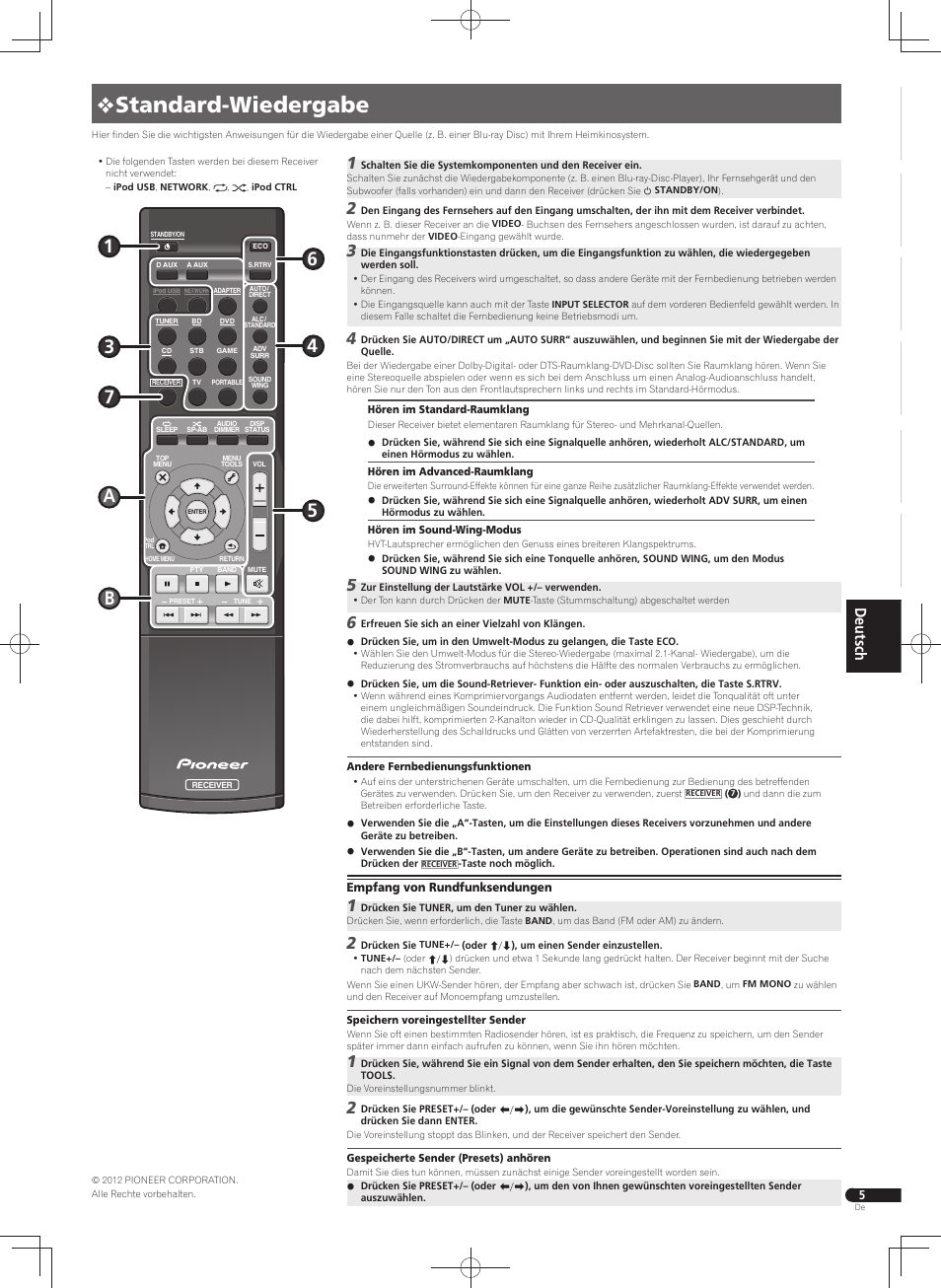 Standard-wiedergabe | Pioneer VSX-S300 User Manual | Page 29 / 32