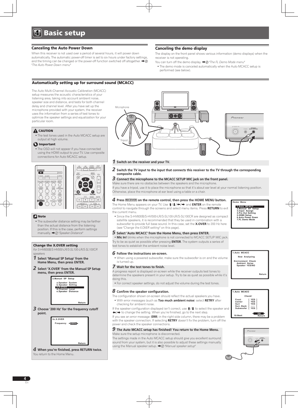 Basic setup, Portable / mcacc setup mic phones standby / on, Canceling the auto power down | Canceling the demo display | Pioneer VSX-S300 User Manual | Page 4 / 32