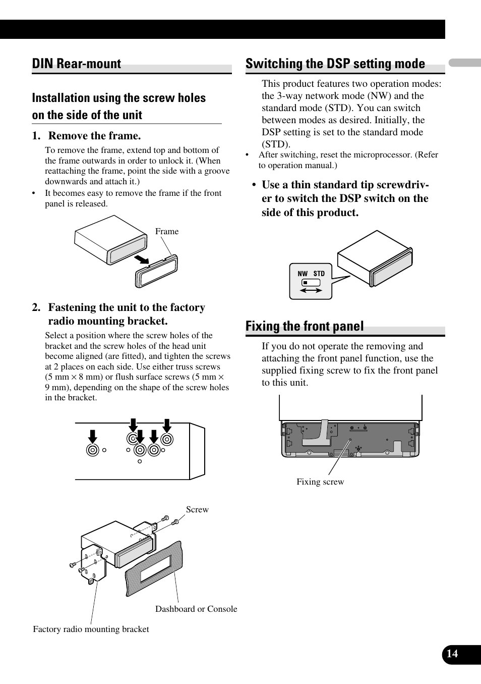 Din rear-mount, Switching the dsp setting mode, Fixing the front panel | Pioneer DEH-P88RS-II User Manual | Page 15 / 100