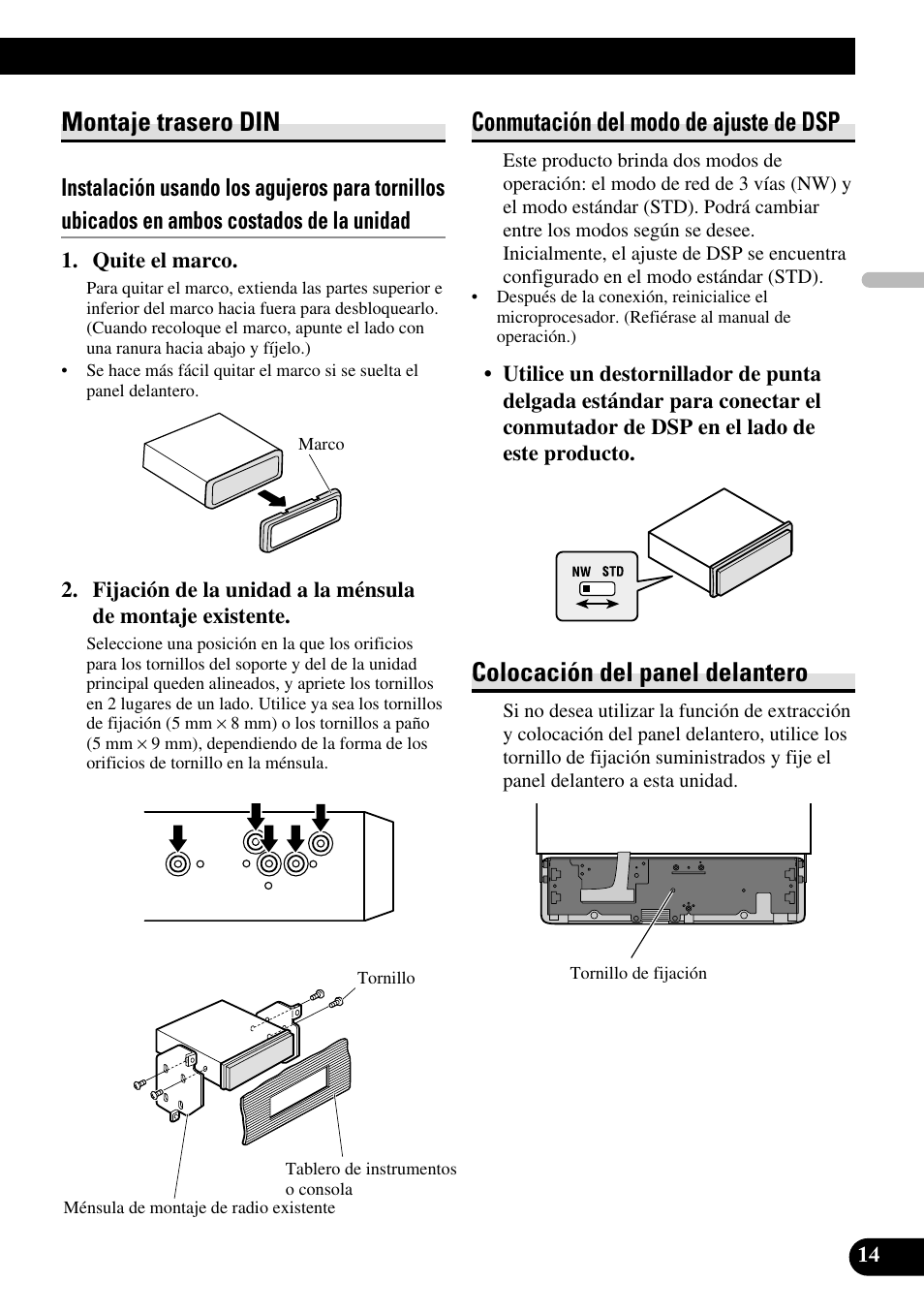 Montaje trasero din, Conmutación del modo de ajuste de dsp, Colocación del panel delantero | Pioneer DEH-P88RS-II User Manual | Page 29 / 100