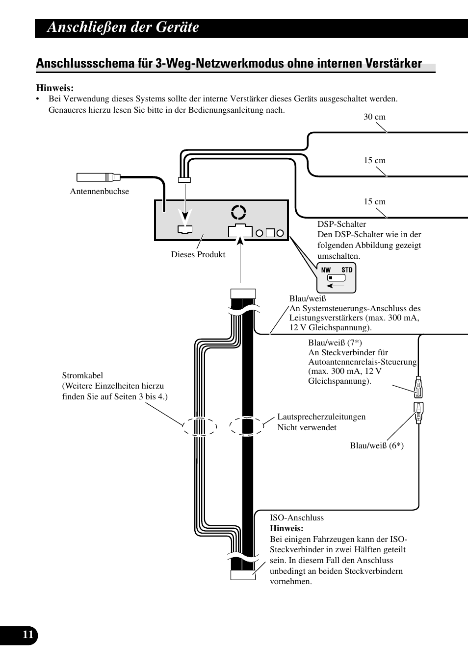 Anschlussschema für 3-weg-netzwerkmodus, Ohne internen verstärker, Anschließen der geräte | Pioneer DEH-P88RS-II User Manual | Page 40 / 100