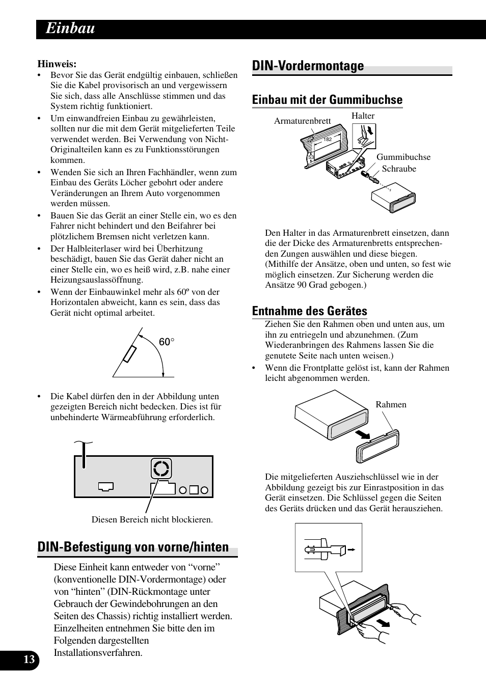 Einbau, Din-befestigung von vorne/hinten din-vordermontage, Din-befestigung von vorne/hinten | Din-vordermontage, Einbau mit der gummibuchse, Entnahme des gerätes | Pioneer DEH-P88RS-II User Manual | Page 42 / 100