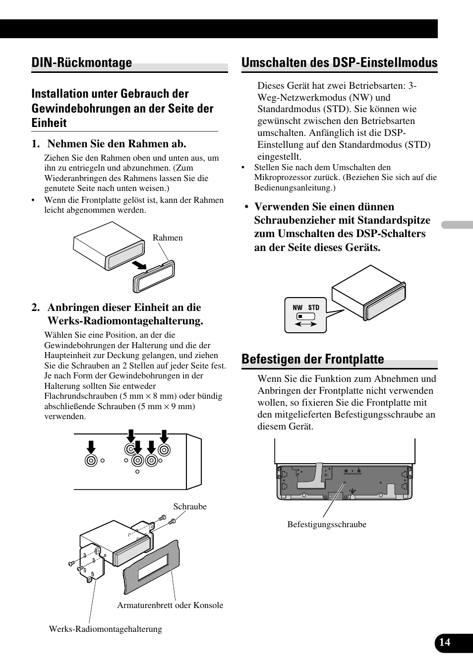 Din-rückmontage, Umschalten des dsp-einstellmodus, Befestigen der frontplatte | Pioneer DEH-P88RS-II User Manual | Page 43 / 100