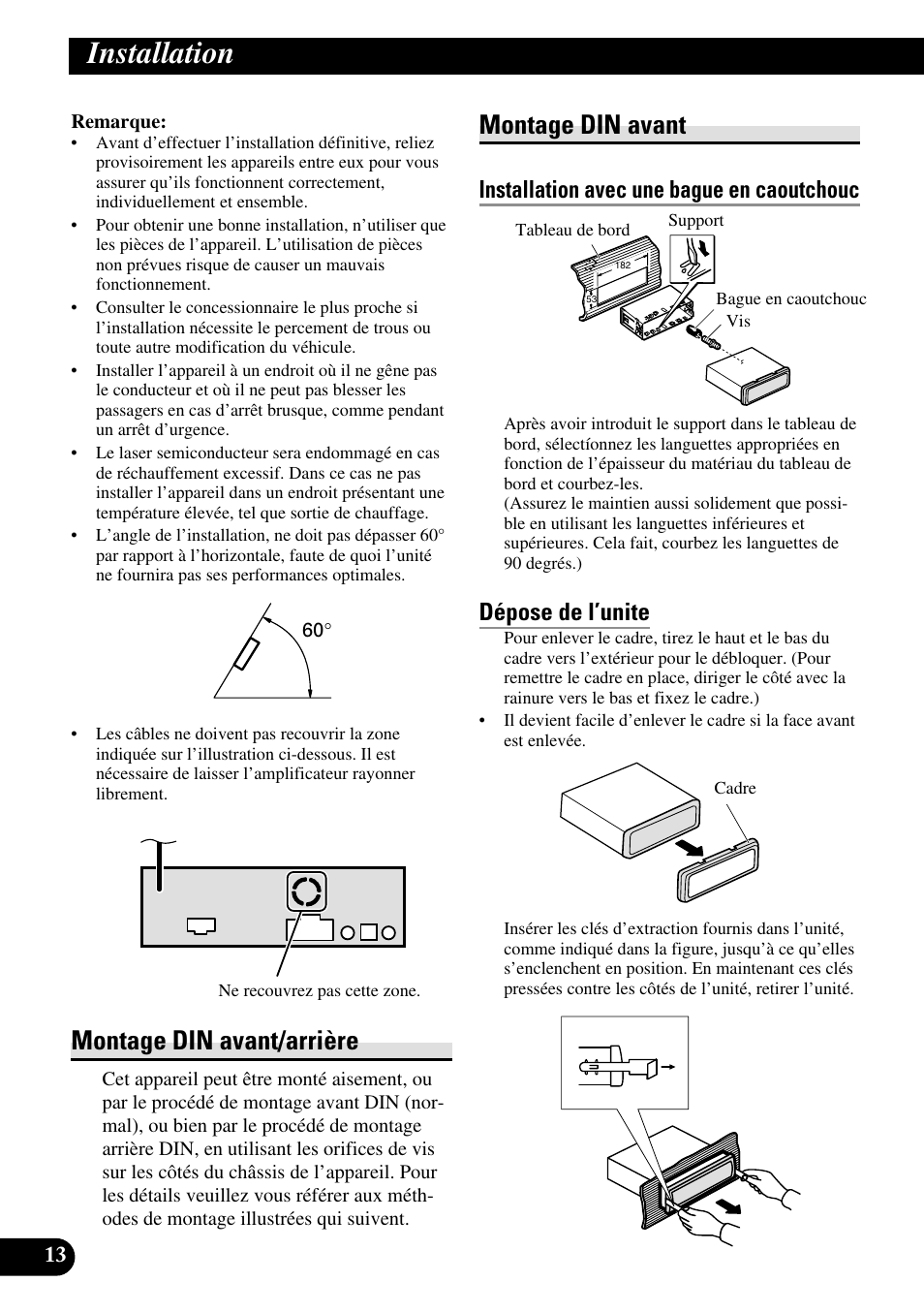 Installation, Montage din avant/arrière montage din avant, Montage din avant/arrière | Montage din avant, Installation avec une bague en caoutchouc, Dépose de l’unite | Pioneer DEH-P88RS-II User Manual | Page 56 / 100