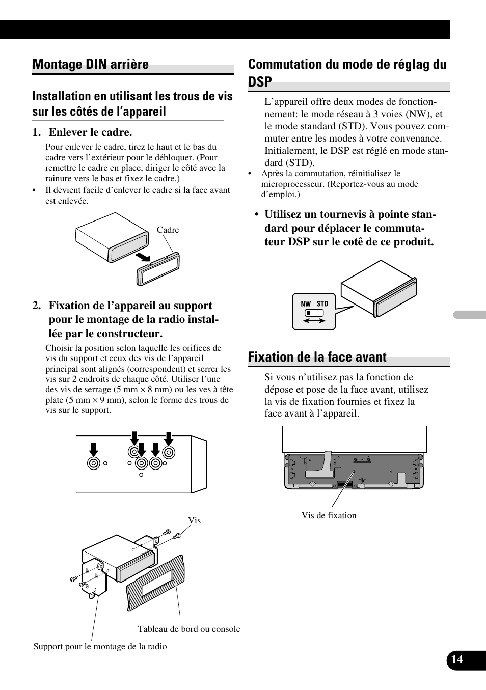 Montage din arrière, Commutation du mode de réglag du dsp, Fixation de la face avant | Pioneer DEH-P88RS-II User Manual | Page 57 / 100