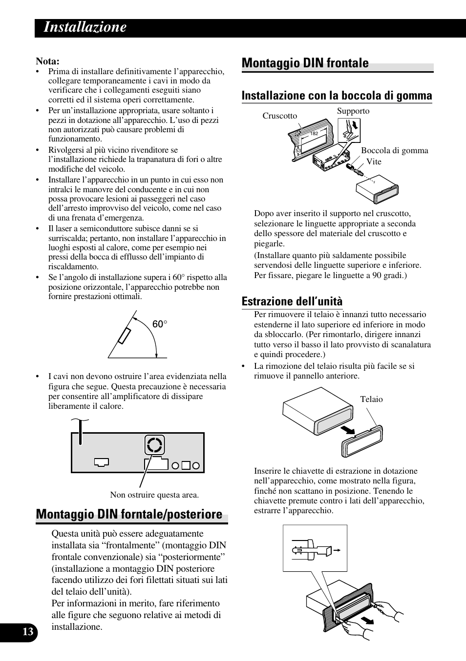 Installazione, Montaggio din forntale/posteriore, Montaggio din frontale | Installazione con la boccola di gomma, Estrazione dell’unità | Pioneer DEH-P88RS-II User Manual | Page 70 / 100