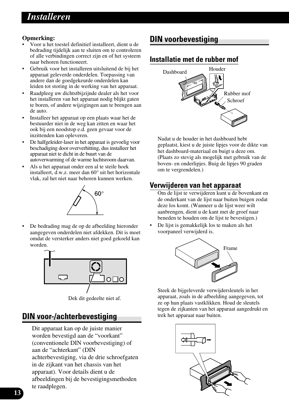 Installeren, Din voor-/achterbevestiging din voorbevestiging, Din voor-/achterbevestiging | Din voorbevestiging, Installatie met de rubber mof, Verwijderen van het apparaat | Pioneer DEH-P88RS-II User Manual | Page 84 / 100