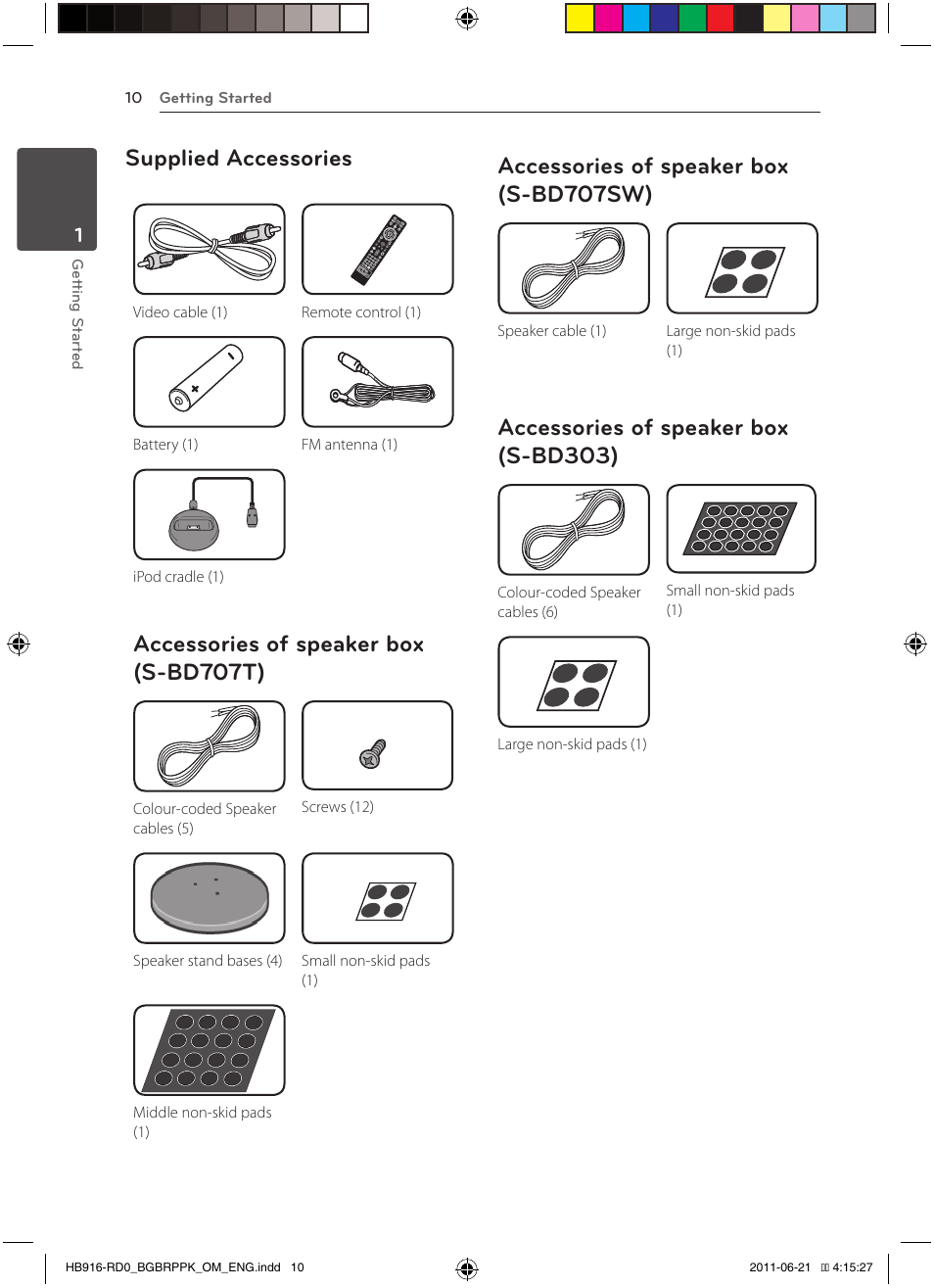 Supplied accessories, Accessories of speaker box (s-bd707t), Accessories of speaker box (s-bd707sw) | Accessories of speaker box (s-bd303) | Pioneer BCS-717 User Manual | Page 10 / 80