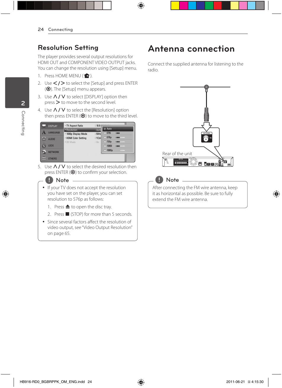 Antenna connection, Resolution setting | Pioneer BCS-717 User Manual | Page 24 / 80