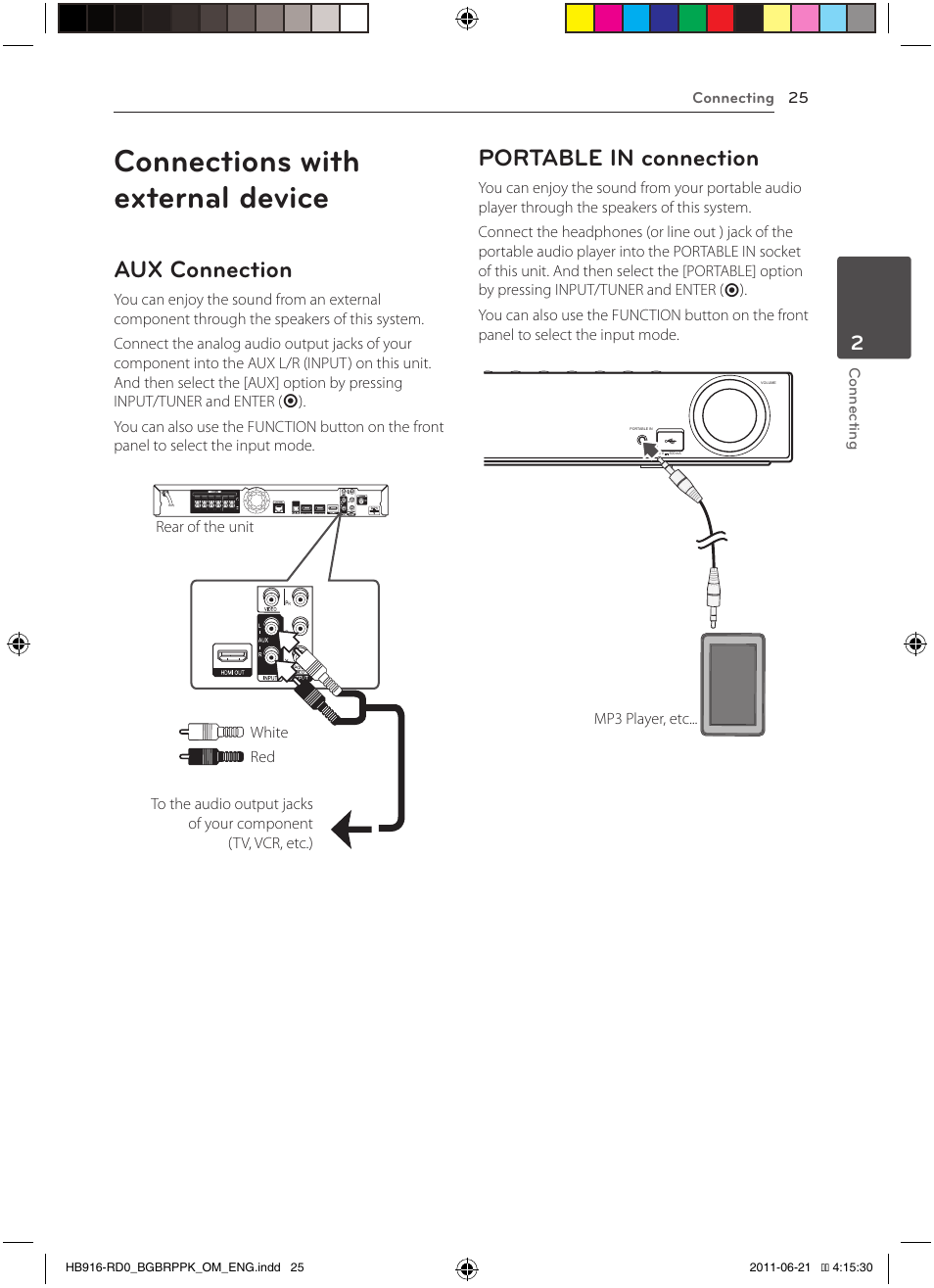 Connections with external device, Aux connection, Portable in connection | Pioneer BCS-717 User Manual | Page 25 / 80