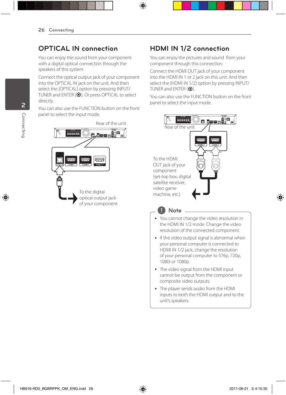 Optical in connection, Hdmi in 1/2 connection | Pioneer BCS-717 User Manual | Page 26 / 80