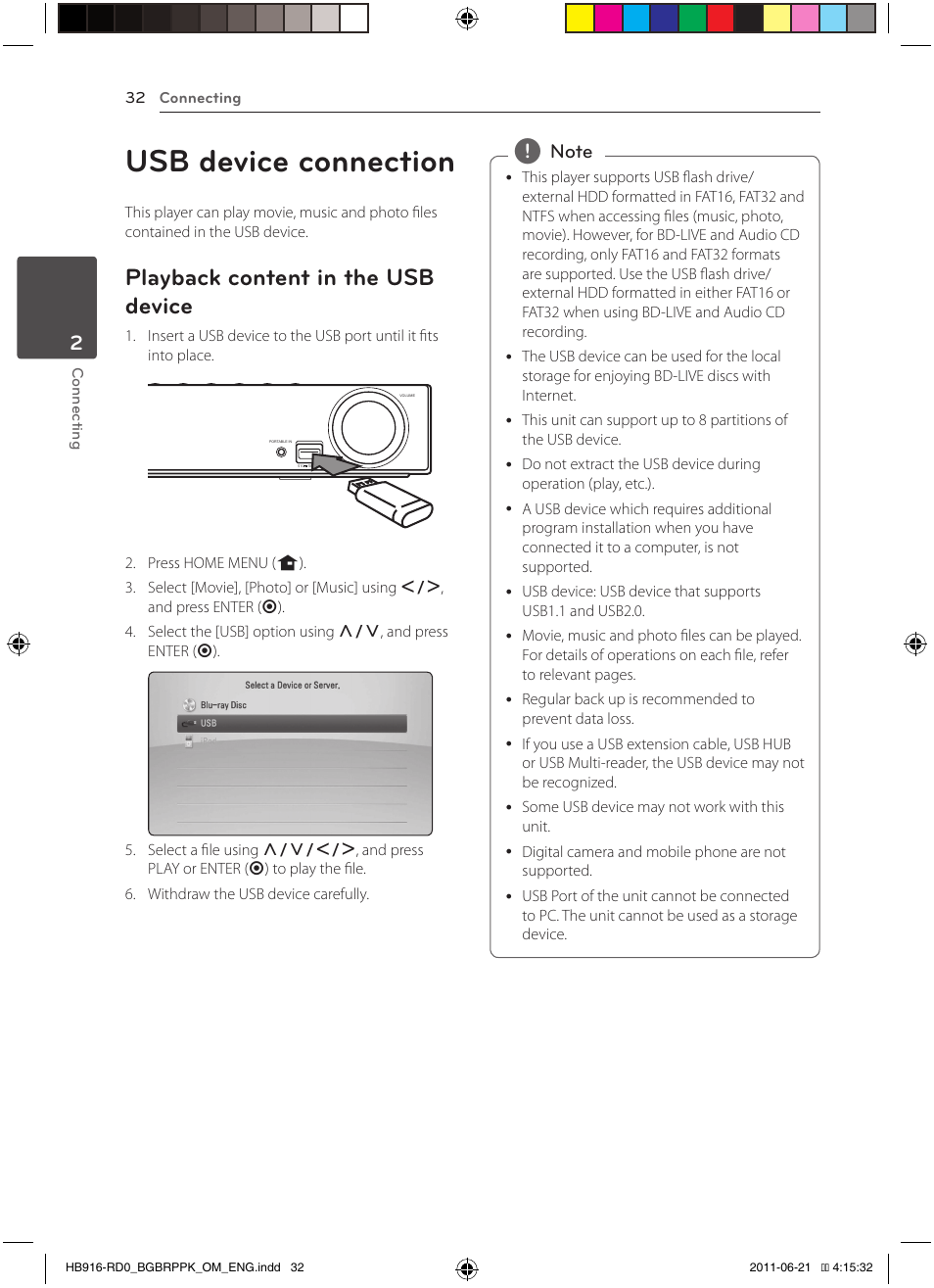 Usb device connection, Playback content in the usb device | Pioneer BCS-717 User Manual | Page 32 / 80