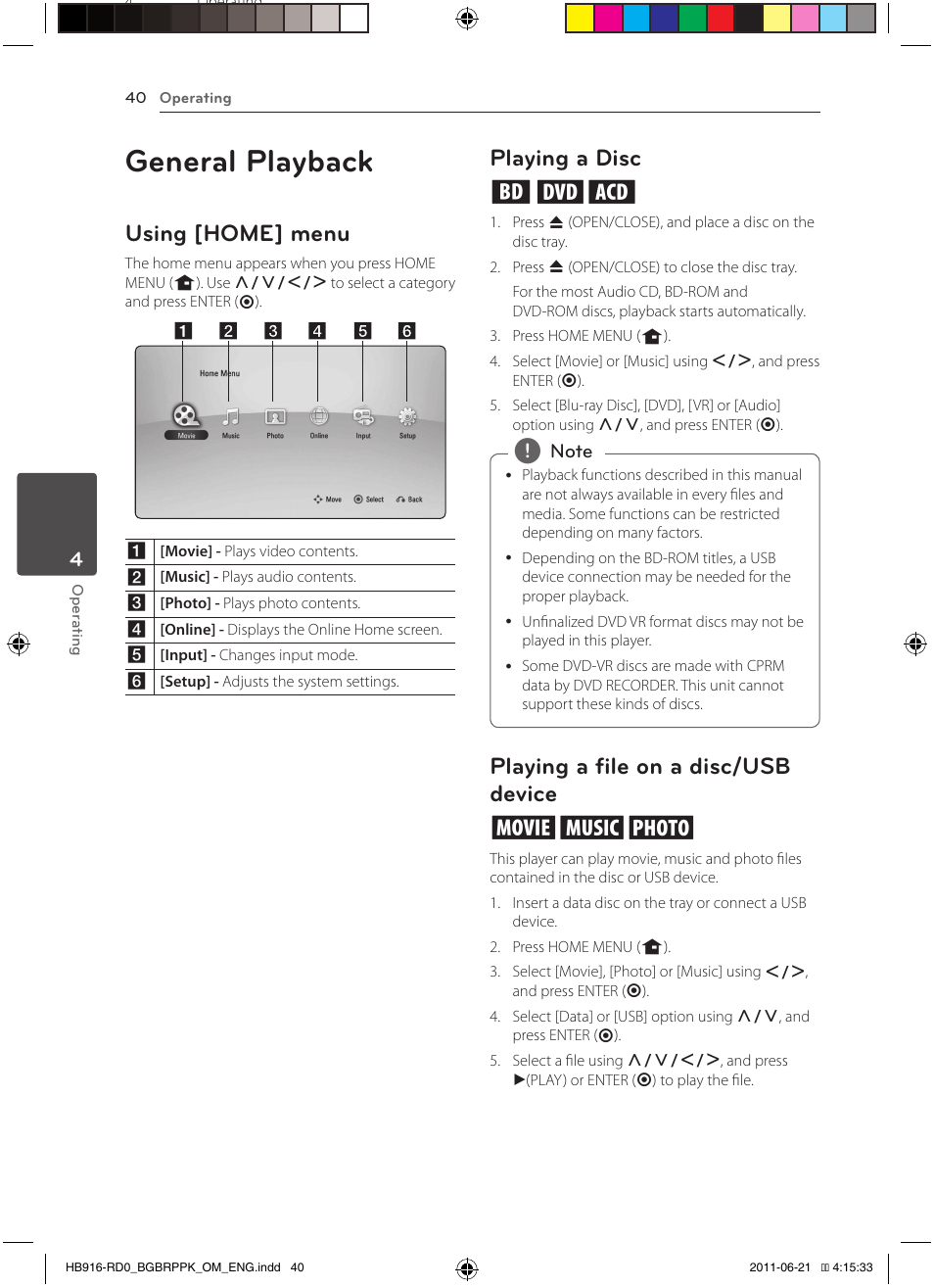 General playback, Using [home] menu, Playing a disc ert | Playing a file on a disc/usb device yui | Pioneer BCS-717 User Manual | Page 40 / 80