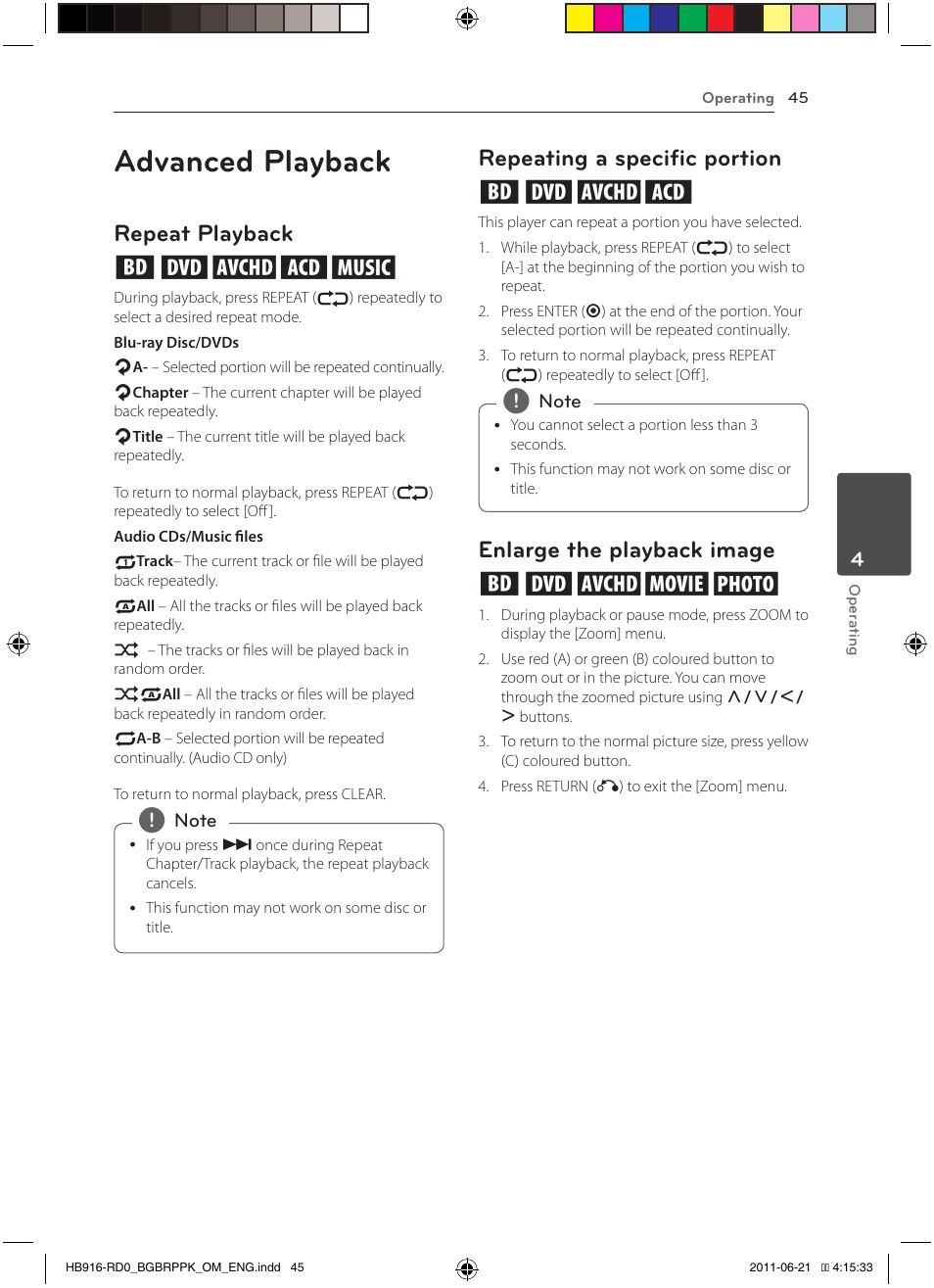 Advanced playback, Repeat playback erotu, Repeating a specific portion erot | Enlarge the playback image eroyi | Pioneer BCS-717 User Manual | Page 45 / 80