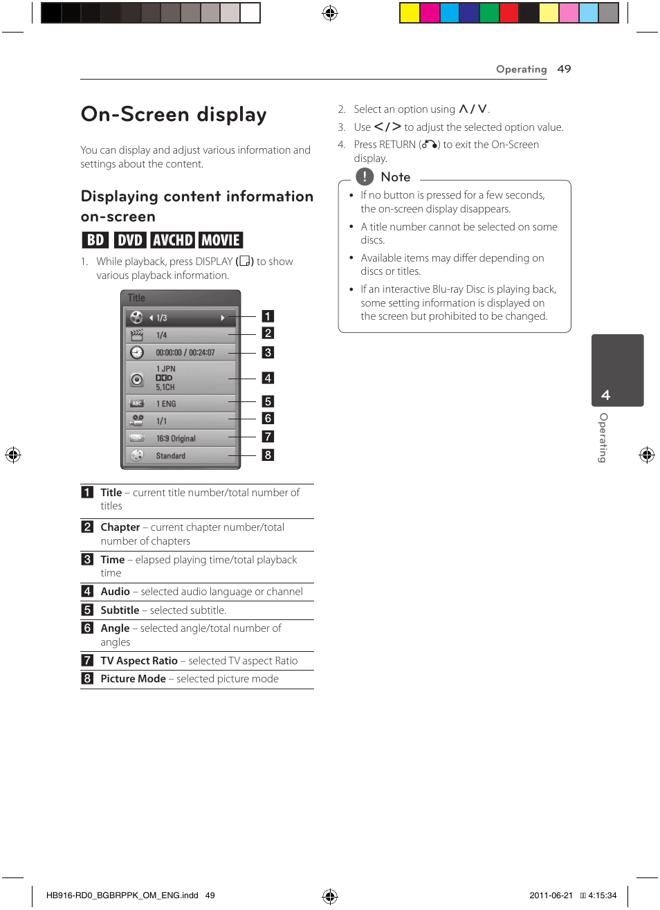 Screen, On-screen display, Displaying content information on-screen eroy | Pioneer BCS-717 User Manual | Page 49 / 80