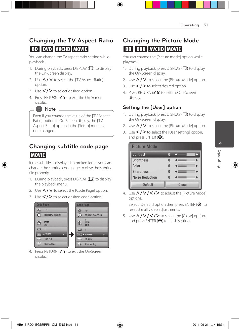 Changing the tv aspect ratio eroy, Changing subtitle code page y, Changing the picture mode eroy | Pioneer BCS-717 User Manual | Page 51 / 80