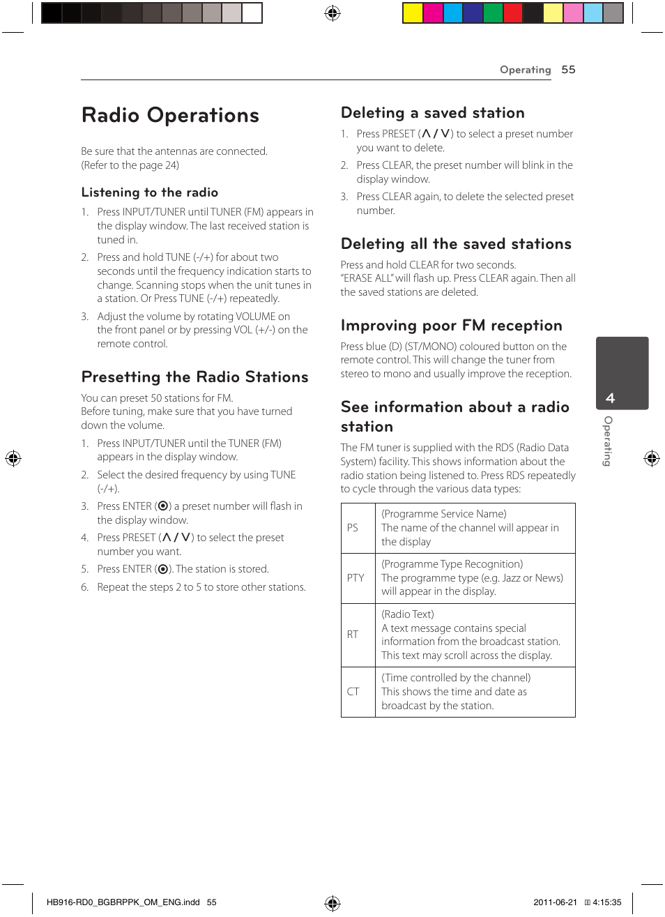 Radio operations, Presetting the radio stations, Deleting a saved station | Deleting all the saved stations, Improving poor fm reception, See information about a radio station | Pioneer BCS-717 User Manual | Page 55 / 80