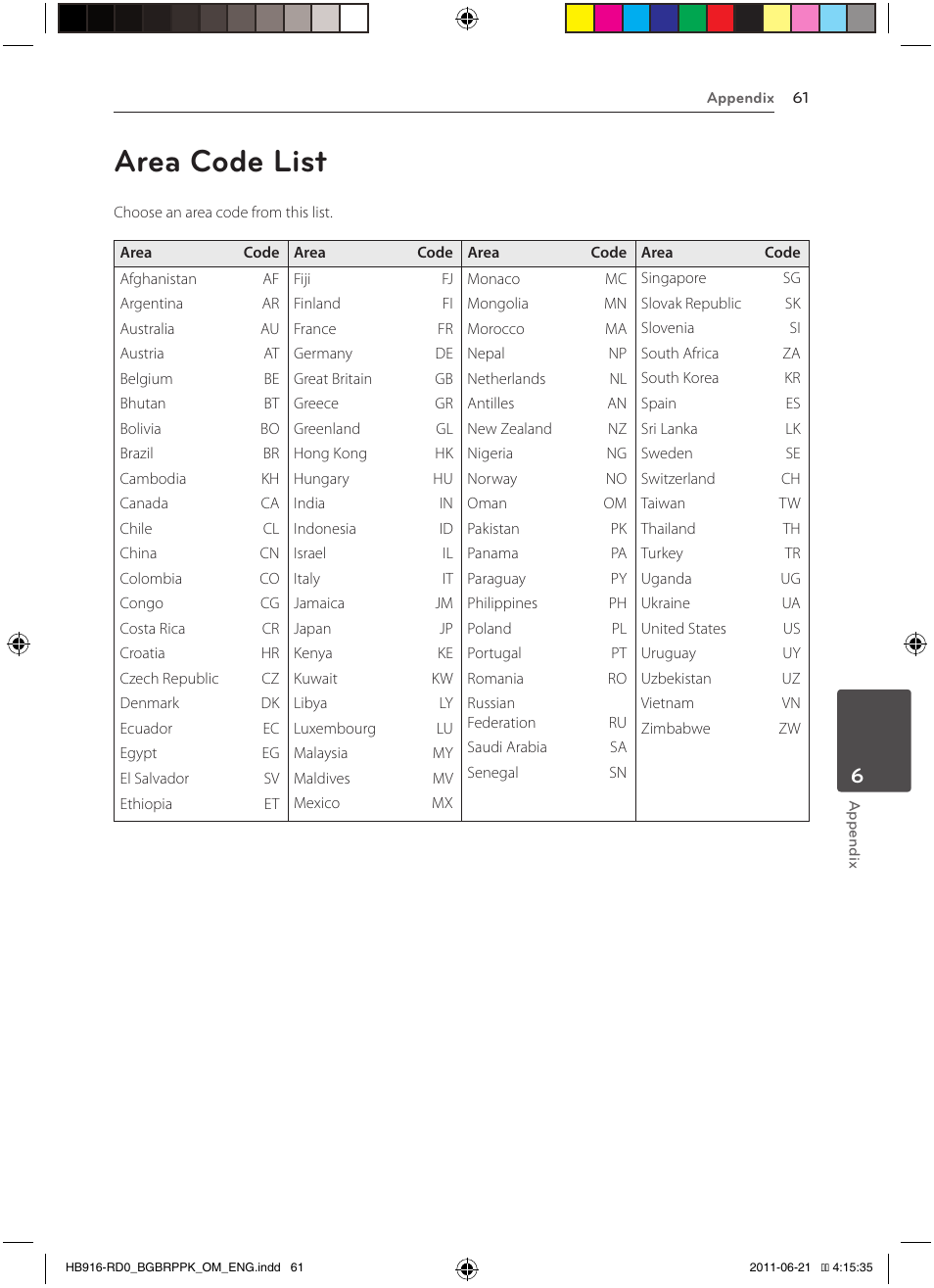 Area code list | Pioneer BCS-717 User Manual | Page 61 / 80