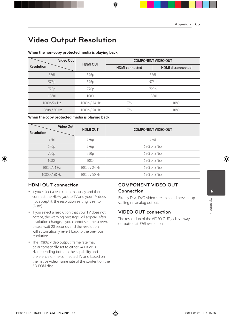 65 video output resolution, Video output resolution, Hdmi out connection | Component video out connection, Video out connection | Pioneer BCS-717 User Manual | Page 65 / 80