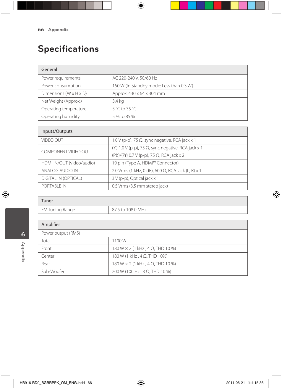 66 specifications, Specifications | Pioneer BCS-717 User Manual | Page 66 / 80