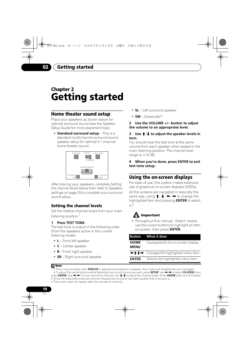 02 getting started, Home theater sound setup, Setting the channel levels | Using the on-screen displays, Getting started, Getting started 02, Chapter 2 | Pioneer DCS-370 User Manual | Page 10 / 141