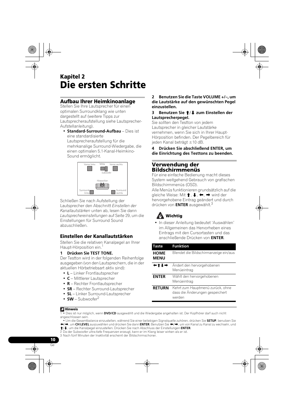02 die ersten schritte, Aufbau ihrer heimkinoanlage, Einstellen der kanallautstärken | Verwendung der bildschirmmenüs, Die ersten schritte, Kapitel 2 | Pioneer DCS-370 User Manual | Page 102 / 141