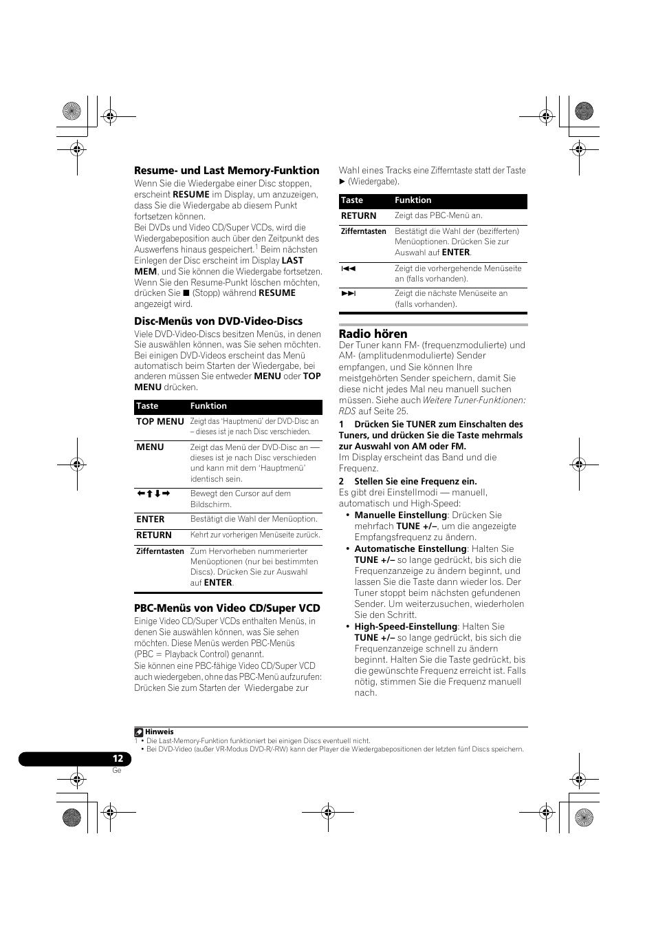 Resume- und last memory-funktion, Disc-menüs von dvd-video-discs, Pbc-menüs von video cd/super vcd | Radio hören | Pioneer DCS-370 User Manual | Page 104 / 141